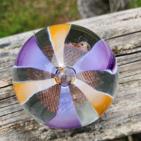 Vintage Handblown Glass Paperweight With Purple & Amber Swirls Copper Mesh Cente - Picture 4 of 10